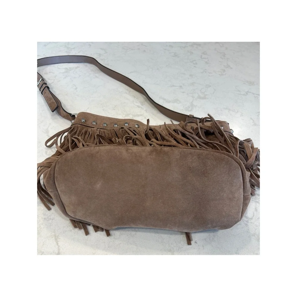 Michael Kors Billy Brown Suede Fringe Studded Crossbody Bag Western Boho Large